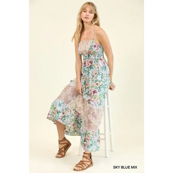 Gigio | Dresses | Gigio Sky Blue Mix Floral Print Woven And Lace Mixed Back  Smocked Maxi Dress | Poshmark
